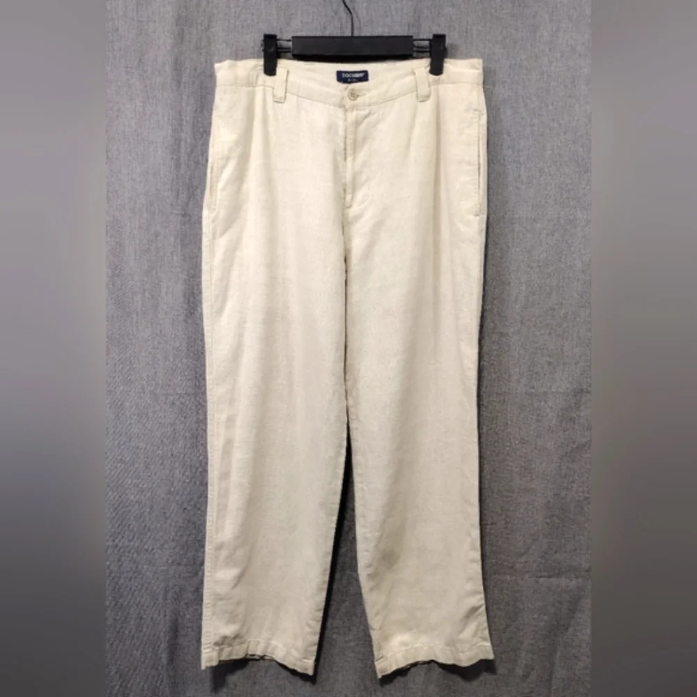 Vintage Dockers Stonewashed Linen Khakis Pants Mens 33x30 Cream Office Retro